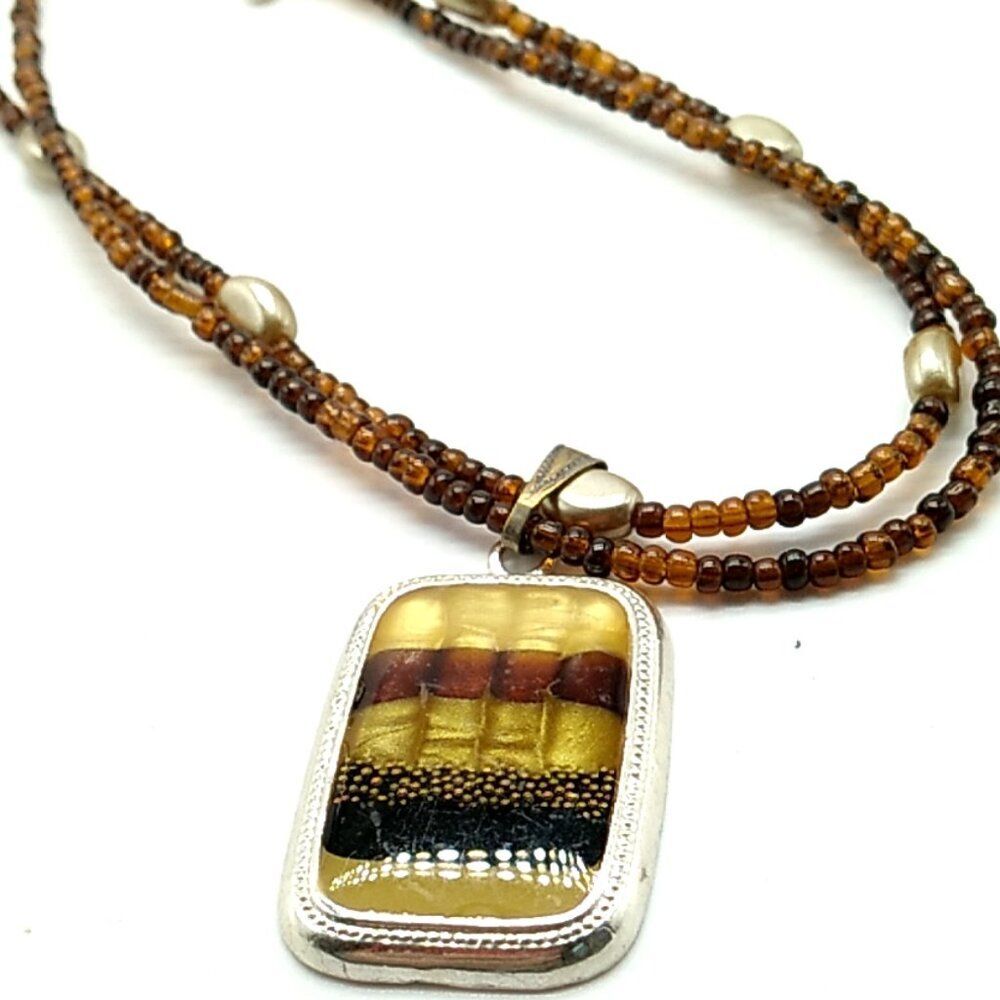 VTG Kenneth Cole 2-Strand Necklace Beaded Earth Tone Enamel Pendant Faux Pearls